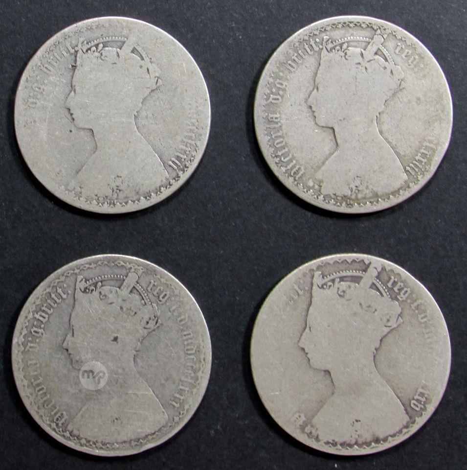 4 Queen Victoria Gothic Florins Dated 1872, 1873, 1880 And 1885 